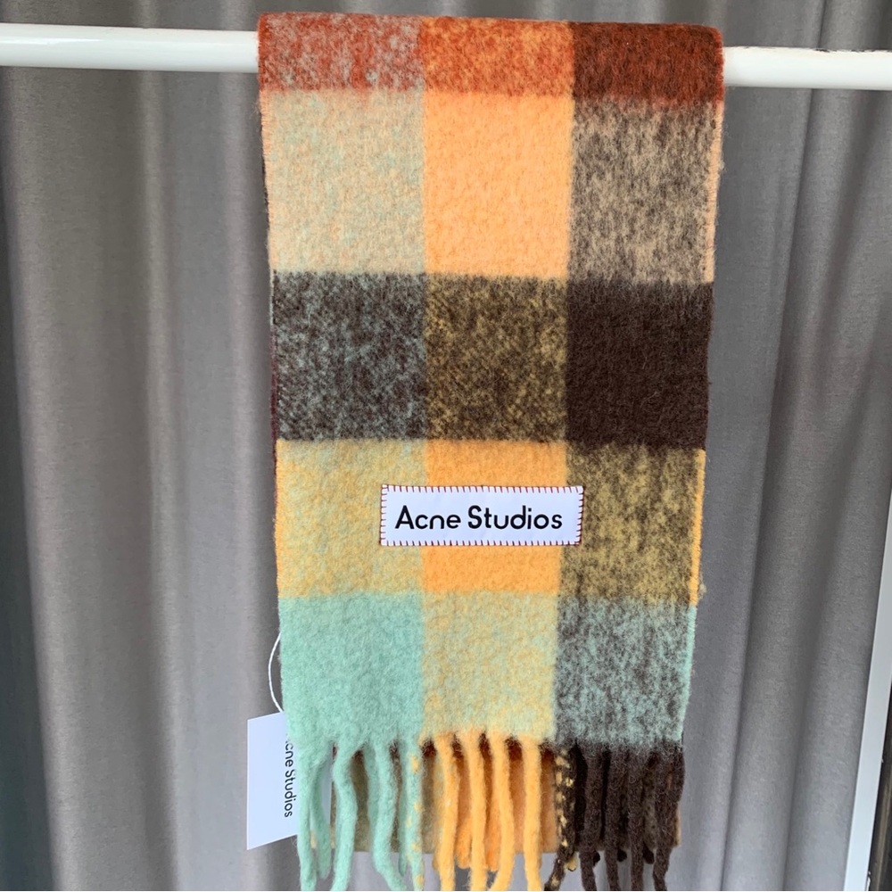 Acne Studios Vally Scarf Mohair Checked Plaid Fringe Oversized Multi